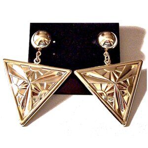 Sun Beam Triangle Discs Pierced Earrings Gold Tone